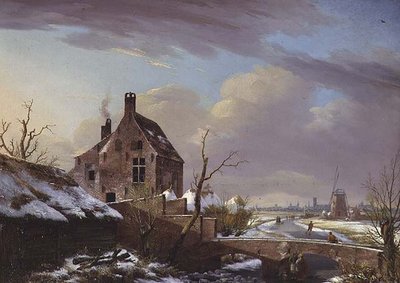 Winterlandschaft mit Figuren an einer Brücke von Pierre François De Noter