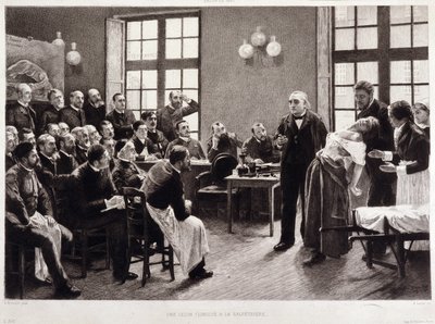 Eine klinische Vorlesung von Dr. Charcot in der Salpetriere im Jahr 1887. Studenten der Abteilung von Professor Jean Martin Charcot, der den Fall von Blanche Wittman erklärt, seiner Patientin und bevorzugten Versuchsperson für seine Forschungen zur Hysteri von Pierre Andre (after) Brouillet