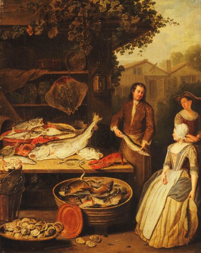 Ein Fischhändler zeigt einer Magd einen Hecht, 1727 von Pierre Angelis or Angillis