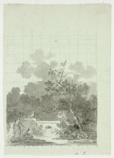 Blick auf den Park von Versailles: Angeln im Teich nahe einem Baumhain von Pierre Antoine Mongin