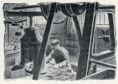 Besteckprägung mit einer Mühle, Gravur aus „Excursion à travers les métiers“ von Pierre Calmette, Privatsammlung von Pierre Calmettes