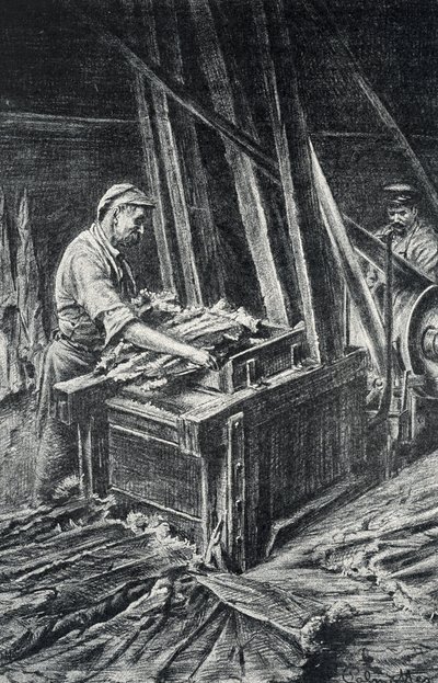 Lederverarbeitung: das Weichmachen der Tierhäute in einer Walkmühle (Gravur aus der Sammlung Pierre Calmette) von Pierre Calmettes