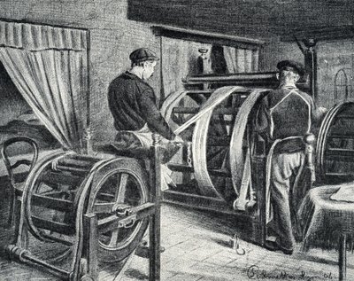 Seidenarbeit: das Abrollen der Seide (Gravur aus "Exkursion durch die Berufe" von Pierre Calmette) von Pierre Calmettes