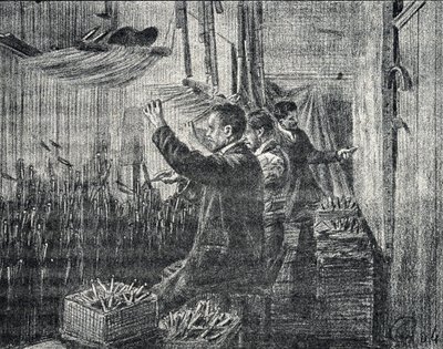 Wandteppich von Aubusson: Die Polsterer arbeiten kopfüber, Gravur aus „Excursion à travers les métiers“ von Pierre Calmette, Privatsammlung von Pierre Calmettes