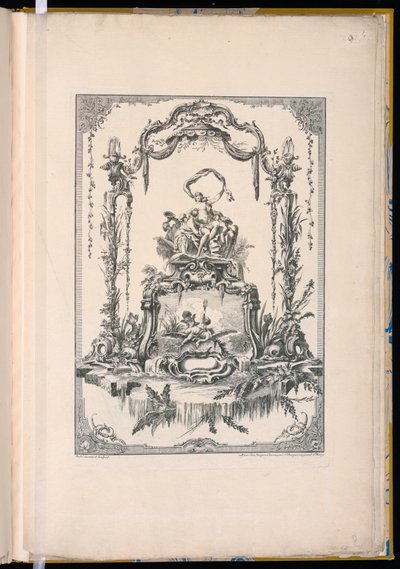 Ornamenttafel mit einem Doppel-Kartusche, die Venus oder Thetis mit ihren Nymphen und einem Brunnen zeigt von Pierre Edme Babel