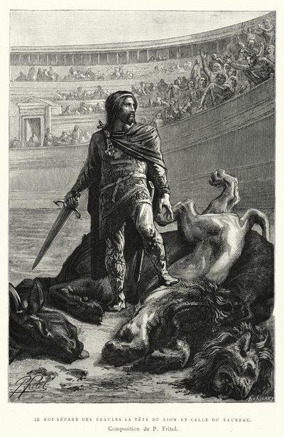 Der König trennt den Kopf des Löwen und des Stiers von den Schultern (Gravur) von Pierre Fritel