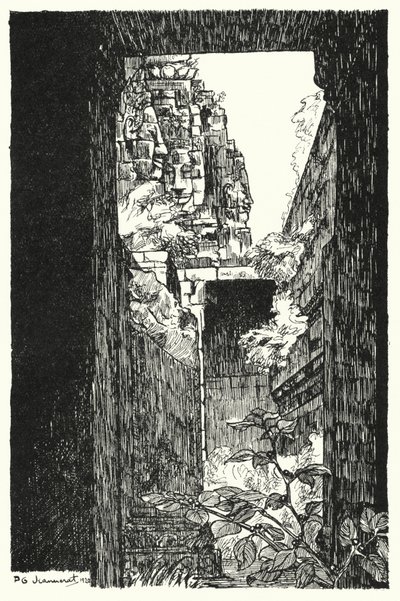 Im Bayon, Blick durch ein eingestürztes Dach (Gravur) von Pierre Jeannerat de Beerski