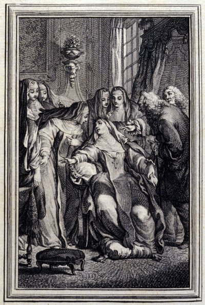 Die kranke Äbtissin - in „Tales et nouvelles en vers“ von Jean La Fontaine. 1776. Illustration von P.P. Choffard von Pierre Philippe Choffard