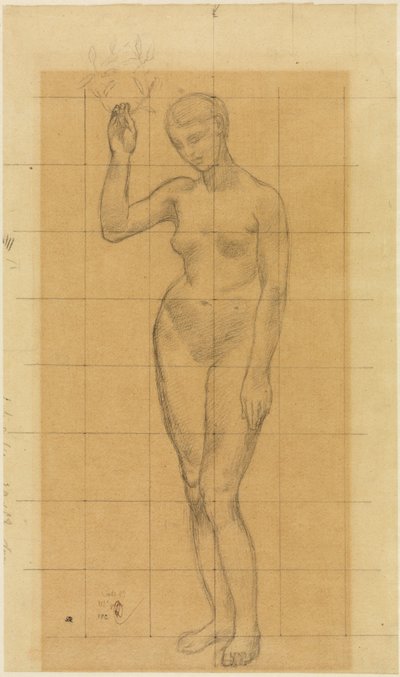 Stehender Frauenakt, schräg nach links, einen Kranz in der erhobenen Rechten von Pierre Puvis de Chavannes