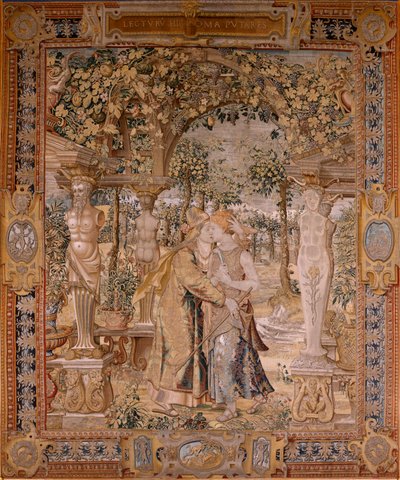 Flämischer Wandteppich. Serie Vertumnus und Pomona. Vertumnus küsst Pomona. Siebter Wandteppich der Serie. Modell Kreis von Pieter Coecke van Aelst. Herstellung Wilhelm Pannemaker, Brüssel. Ca. 1545-1550 von Pieter (circle of) Coecke van Aelst