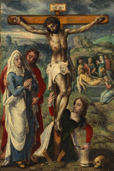 Christus am Kreuz, mit der Grablegung im Hintergrund, ca. 1530 von Pieter Aertsen
