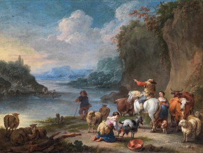 Treiber und ihre Herde ruhen am Fluss von Pieter Bout