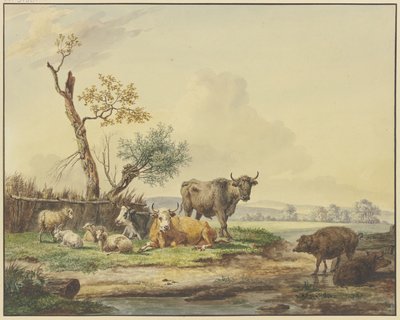 Bei einem Zaun Vieh auf der Weide, rechts zwei Schweine von Pieter Gerardus van Os