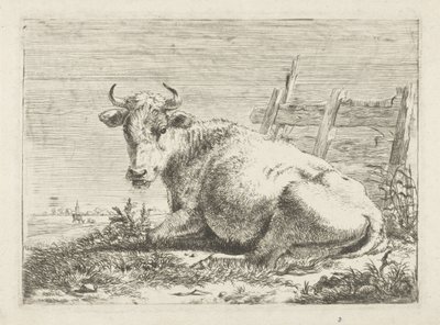 Liegende Kuh bei einem Zaun von Pieter Gerardus van Os