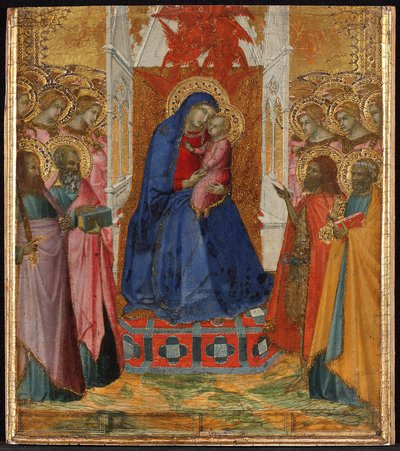 Maria auf dem Thron mit dem Kind, anbetende Engel und Heilige Paulus, Johannes der Evangelist, Johannes der Täufer und Petrus von Pietro Lorenzetti