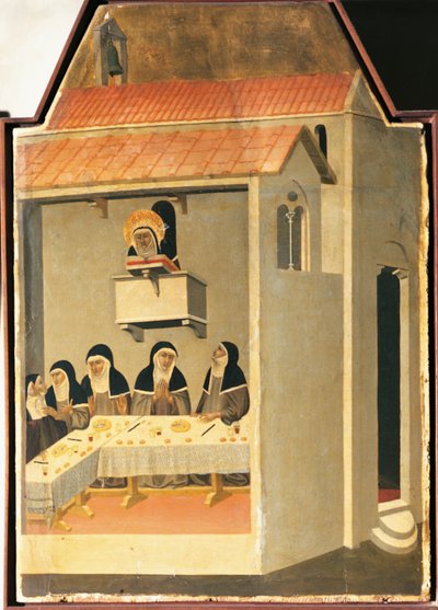 Die gesegnete Demut liest auf wundersame Weise im Refektorium von Santa Perpetua, Kachel aus dem Altarbild der gesegneten Demut von Pietro Lorenzetti
