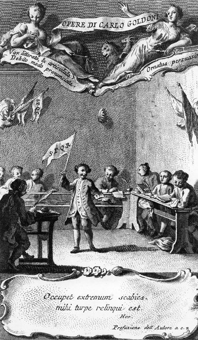 Carlo Goldoni schwenkt eine Fahne zur Feier seines Jahresabschlusses an der Jesuitenschule in Perugia, aus 