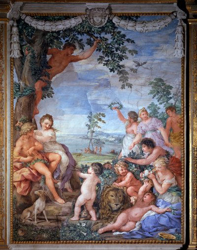 Allegorie der vier Zeitalter, das goldene Zeitalter Fresko von Pietro da Cortona (Pietro Berrettini) (1596-1669) 1637 Saal des Ofens (Stanza della Stufa), Palatinische Galerie, Palazzo Pitti, Florenz von Pietro da Cortona