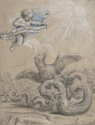 Design mit einem Adler, der mit einer Schlange kämpft, und einem Putto im Himmel, 17. Jahrhundert von Pietro da Cortona