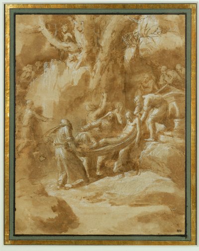 Begräbnis. Schwarze Kreide, Pinsel und braune Lavierung, weiße Höhungen auf beigem Papier von Polidoro da Caravaggio
