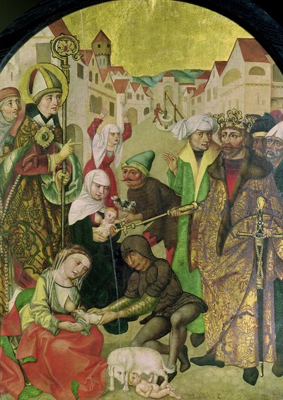 St. Stanislas (1030-79) beobachtet die Bestrafung untreuer Ehefrauen auf Befehl von König Boleslas II. (1039-81), Tafel vom Altarbild des St. Stanislas von Polish School