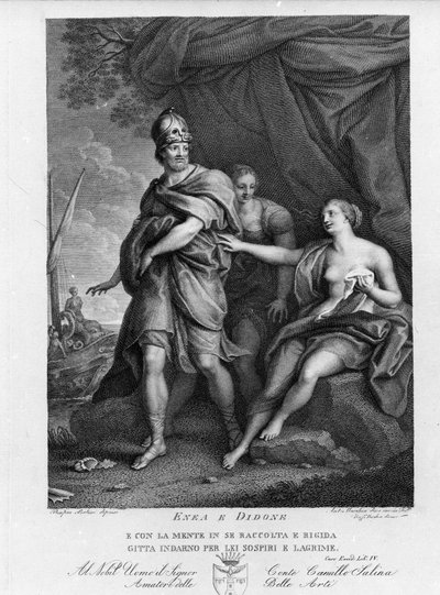 Eneide von Virgil (70 v. Chr.-19 v. Chr.), Buch IV, die trojanischen Helden Aeneas verlässt Dido, die verzweifelt Selbstmord begeht. Gravur nach einem Gemälde von Pompeo Batoni (1708-1787) von Pompeo Girolamo (after) Batoni