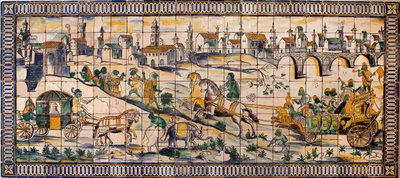 Singerie, die Hochzeit der Hühner - Fliesenpaneel, ca. 1665, von der alten Farm von Cadriceira, in Turcifal, Torres Vedras (Portugal) - Nationalmuseum der Azulejos, Lissabon (Portugal) von Portuguese School