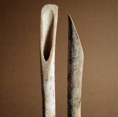 Prähistorisch: Werkzeuge zum Entfernen der Rinde von Schienbeinknochen von Ziegen und Schafen aus der Nekropole von Arene Candide (Finale Ligurien), Ligurien. Mittleres Neolithikum, Steinzeit. Genua, Museo di Archeologia Ligure von Prehistoric Prehistoric