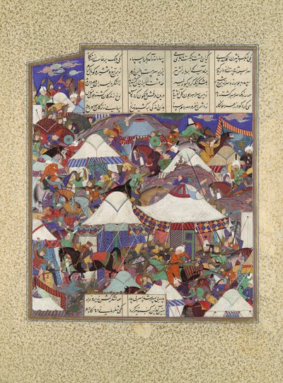 Das betrunkene iranische Lager bei Nacht angegriffen, Folio 241r aus dem Shahnama, ca. 1525-30 von Qadimi