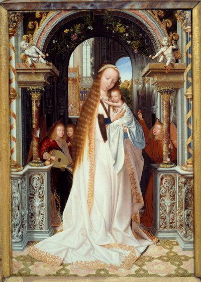 Jungfrau und Kind mit drei Engeln (Mittelteil eines Triptychons). Gemälde von Quentin Metsys (1466-1530) 1509 Lyon, Musée des Beaux Arts von Quentin Massys or Metsys