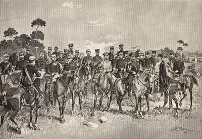 Offiziere ausländischer Armeen besuchen italienische Soldaten in der Lombardei, Italien, Gravur nach einer Zeichnung von Quinto Cenni, aus L