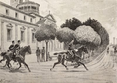 Soldaten zu Pferd passieren das Heiligtum Beata Vergine dei Miracoli, Saronno, Italien (Stich) von Quinto Cenni