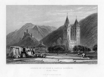 Kirche St. Johann und Burg Lahneck am Rhein, 1838 von R. Wallis