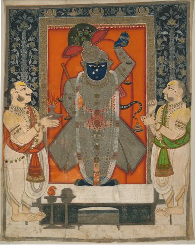 Priester verehren Krishna als Shrinathji für das Berg-der-Nahrung-Festival [Annakuta utsava]; Schreinbehang [pichhavai] von Rajasthan Kota school