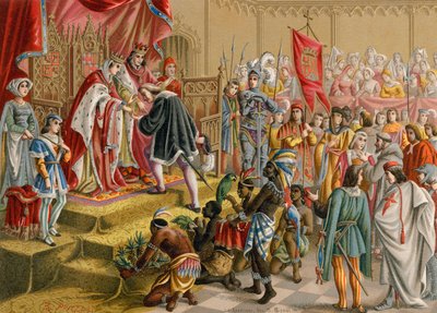 Die spanischen Monarchen empfangen Kolumbus in Barcelona nach seiner ersten Reise von Ramon Puiggari