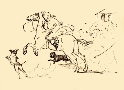 John Gilpin wird von Hunden gejagt, während sein Pferd außer Kontrolle gerät, 1878, um 1918 von Randolph Caldecott