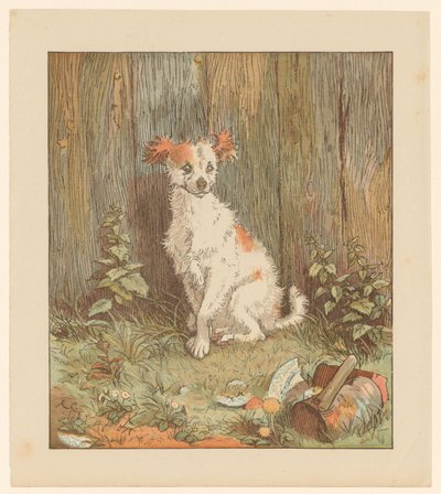 Kleiner Hund sitzend bei einem Zaun von Randolph Caldecott
