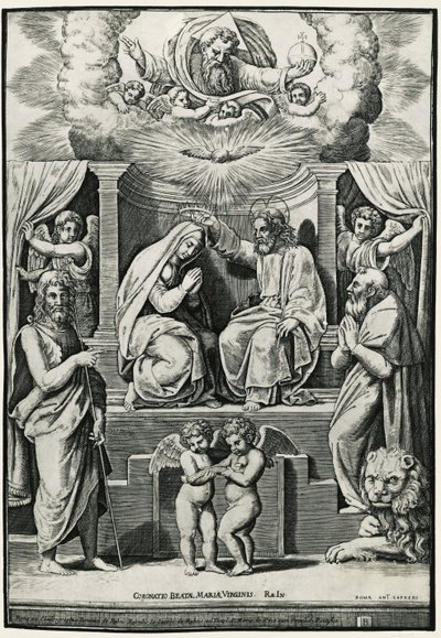 Krönung der Jungfrau in Anwesenheit von Johannes dem Täufer und Hieronymus von Raphael (1483 1520) (after)