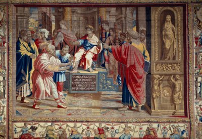 Leben der Apostel Petrus und Paulus: „die Bestrafung des Barjesu (Elymas) jüdischer Magier, der sich Paulus widersetzte und vorübergehend blind war“. Die Szene spielt vor dem römischen Prokonsul Lucius Sergius Paulus und dem heiligen Barnabas. Man kann die von after Raphael