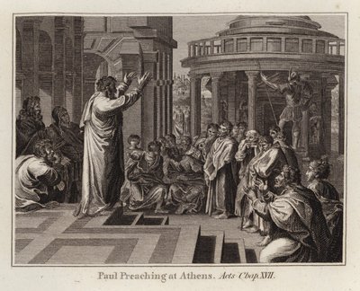 Raphael-Karton: Paulus predigt in Athen, Apostelgeschichte, Kapitel XVII (Gravur) von after Raphael