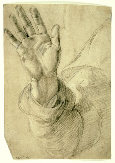 Erhobene rechte Hand, mit nach außen gerichteter Handfläche: Studie für den heiligen Petrus, 1518-20 von Raphael