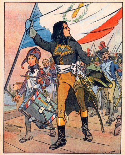 Erster Italienfeldzug: Napoleon Bonaparte (1769-1821) in der Schlacht an der Brücke von Arcole, November 1796, aus 