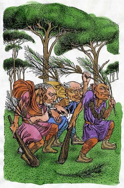 Fabeln: Eine Gruppe von Trollen führt einen rituellen Tanz im Wald auf, Illustration von Reginald L. Knowles für die norwegische Fabelsammlung "Norse Fairy Tales" von P.C. Asbjornsen und J.I. Moe von Reginald Knowles