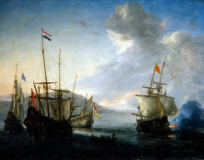 Seeschlacht mit einem Matrosen in einem Ruderboot von Reinier Zeeman