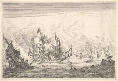 Seeschlacht mit einem englischen Schiff, das links untergeht, aus Seeschlachten Nieuwe Sc..., 1652-54 von Reinier Zeeman