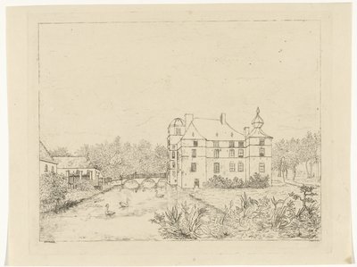 Seitenansicht von Schloss de Cannenburch mit Häusern bei der Zugangsbrücke von Reinierus Albertus Ludovicus baron van Isendoorn à Blois