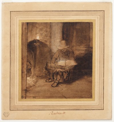Innenraum, mit einem Mann, der am Feuer sitzt und bei Lampenlicht liest von Rembrandt Harmensz. van Rijn (circle of)