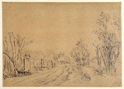 Eine Hauptstraße, die durch Bäume zu einem Haus führt (zwei Brücken und Torzugänge zum Deich) (Feder & Tinte auf braunem Papier) von Rembrandt Harmensz. van Rijn