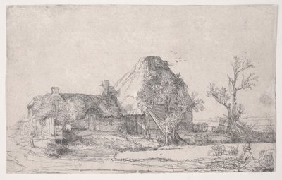 Hütte und Bauerngebäude mit einem Mann beim Skizzieren von Rembrandt van Rijn