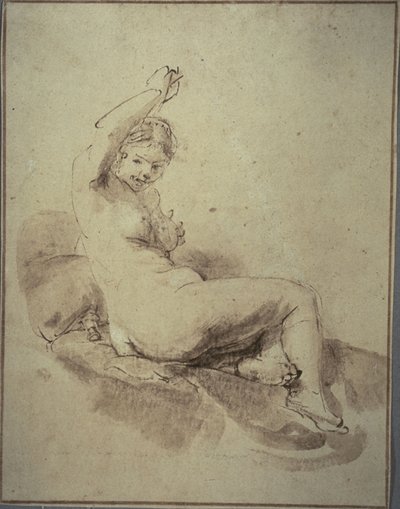 Weiblicher Akt liegend mit erhobenem Arm von Rembrandt Harmensz. van Rijn